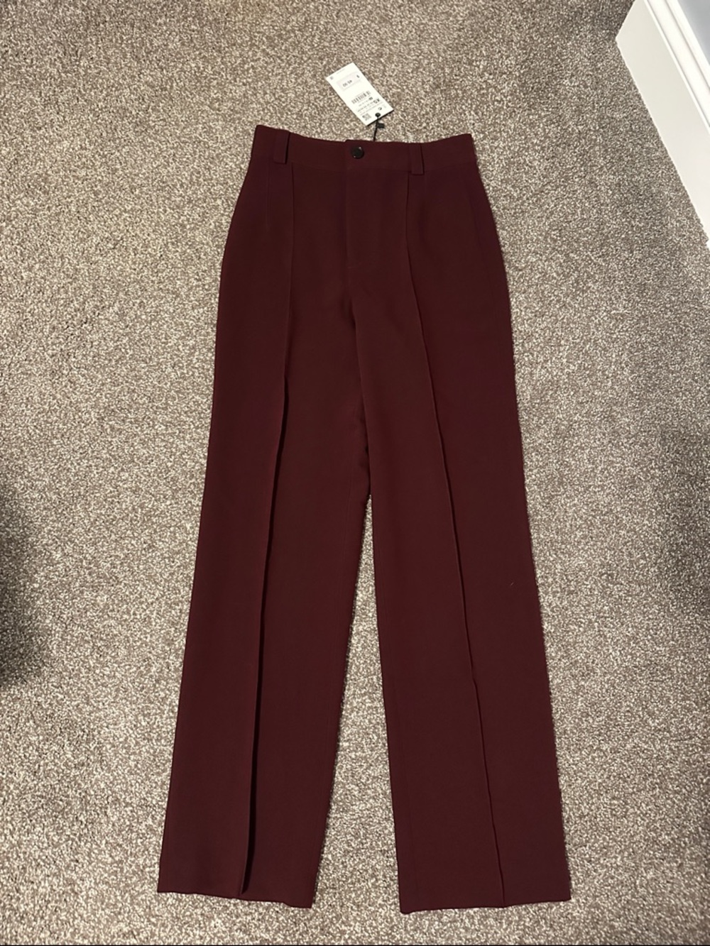 Zara XS High-Waist Straight-Leg Trouser in Burgundy